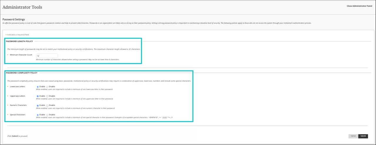 An administrator configures the password length and complexity policies