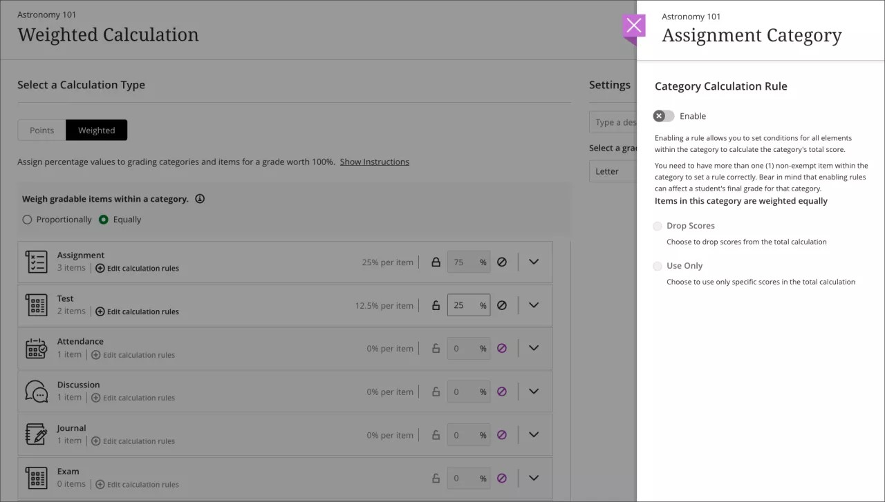 Instructor view of the updated Edit calculation rule panel confirming the selected category weighting option