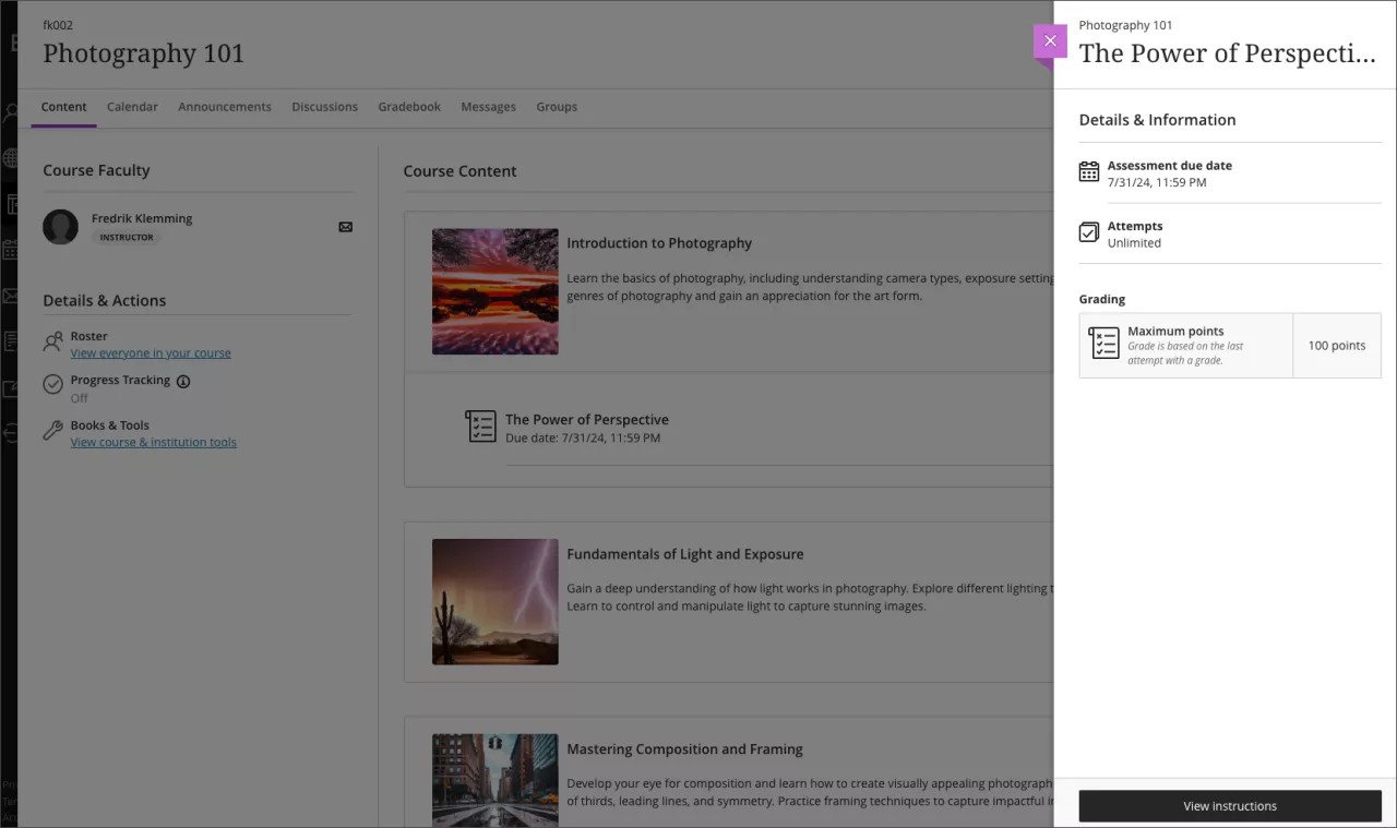 Student view of assignment panel with instructions