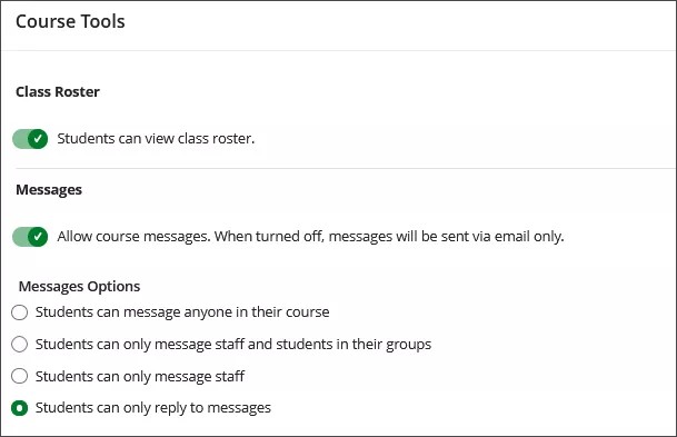 Settings that appear at the course level for instructors