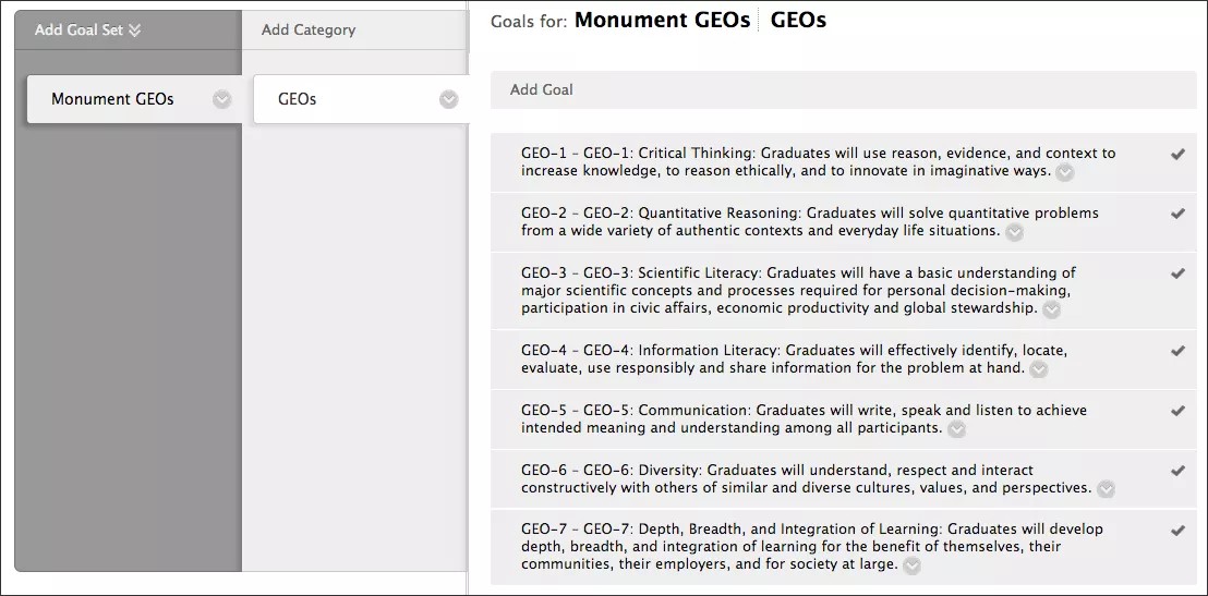 On the left, the Add Goal Set column; in the center, the Add Category column; and on the right, the Add Goal column. The goals for Goal Set Monument GEOS and Category GEOs are displayed.