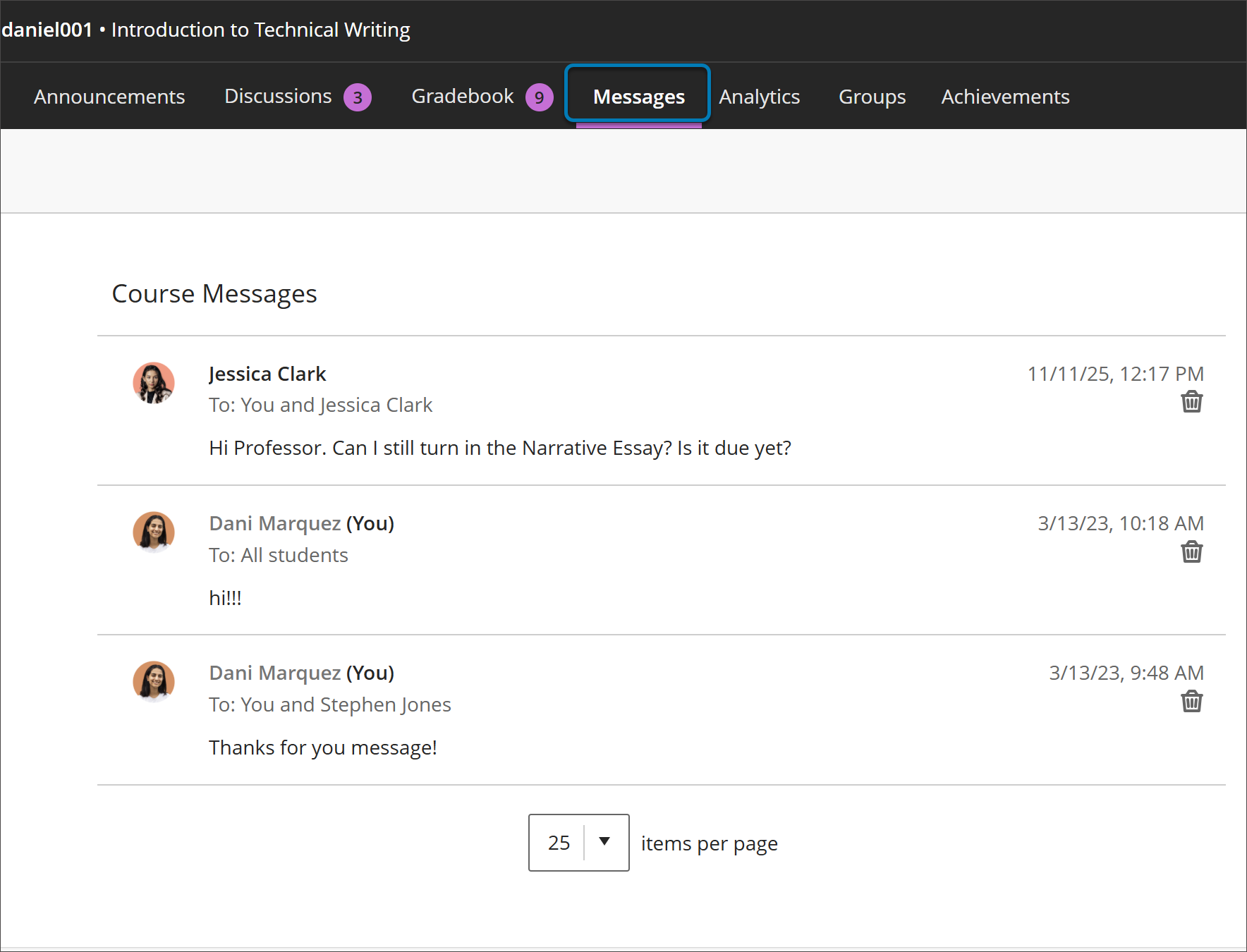 An instructor's Messages page within a Course. There are three messages communicating with a student.