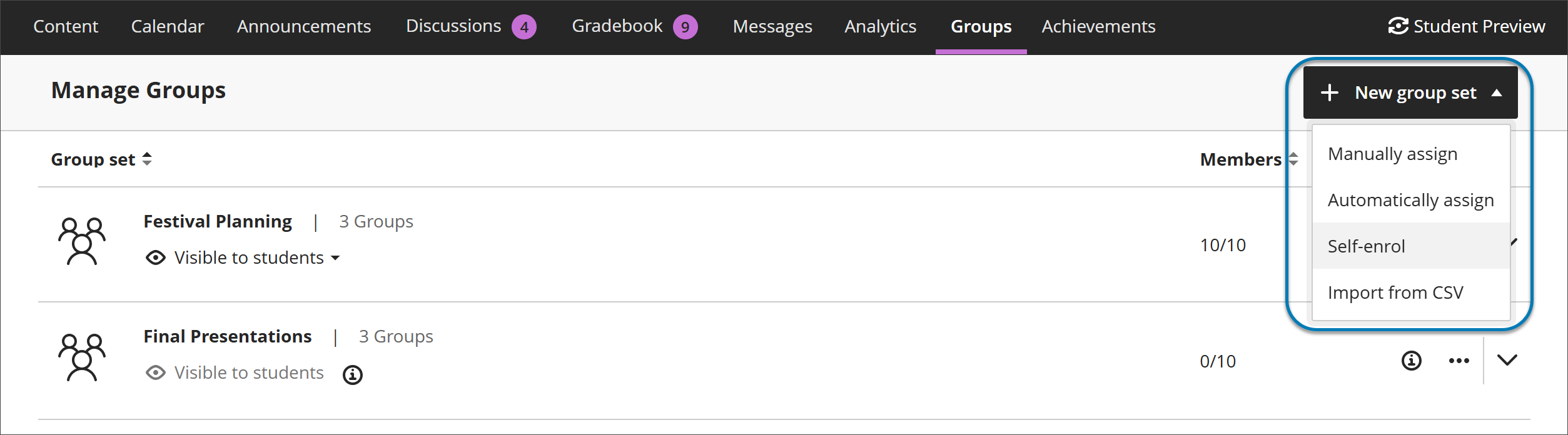 The Groups page showing two existing groups (Festival Planning and Final Presentations). The New group set button is selected, opening a dropdown menu. The options on the dropdown menu are Manually assign, Automatically Assign, Self-enroll, and Import from CSV. The dropdown menu is highlighted with a blue box, highlighting it in the screenshot.