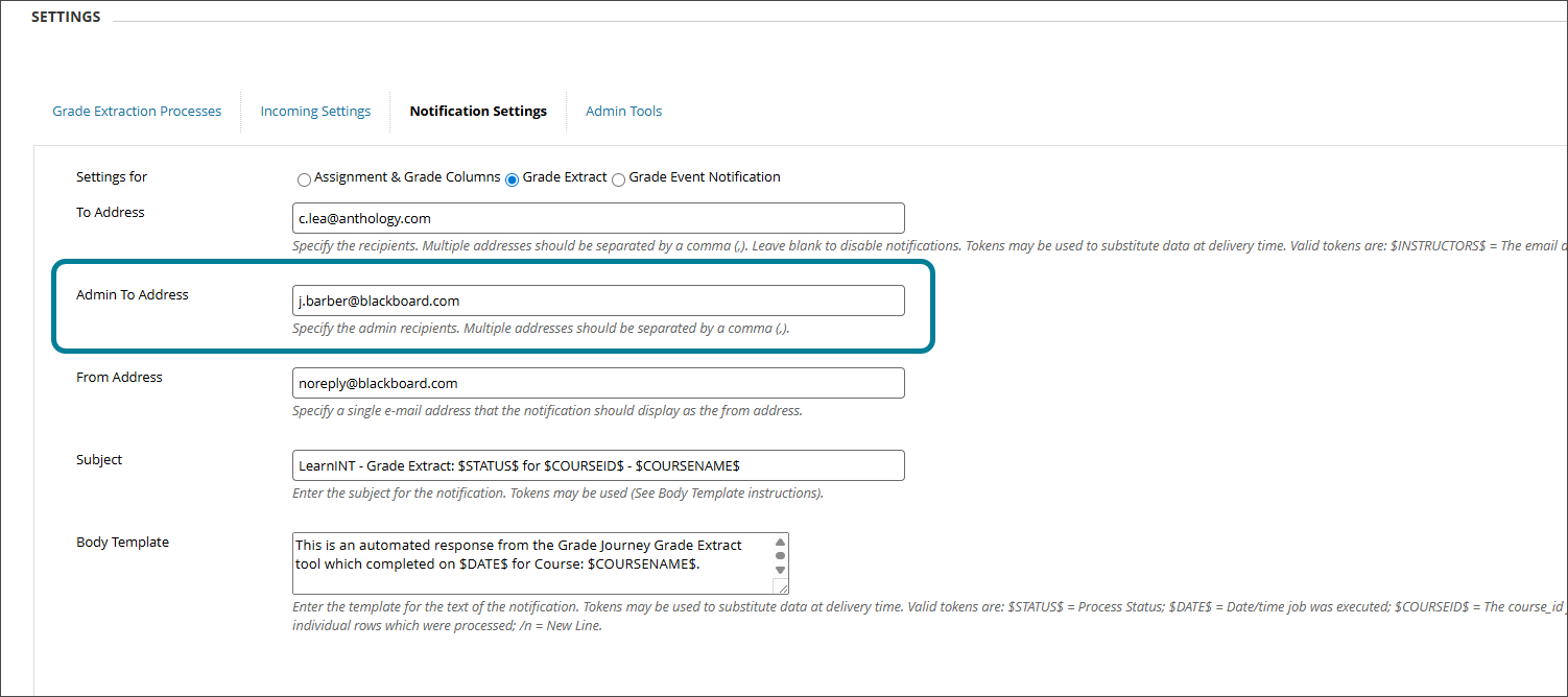 The notifications screen showing the settings for the Grade Extract section. The field for the Admin To Address is highlighted with a box and filled out with j.barber@blackboard.com. The help text for the field reads "Specify the admin recipients. Multiple addresses should be separated by a comma (,)."