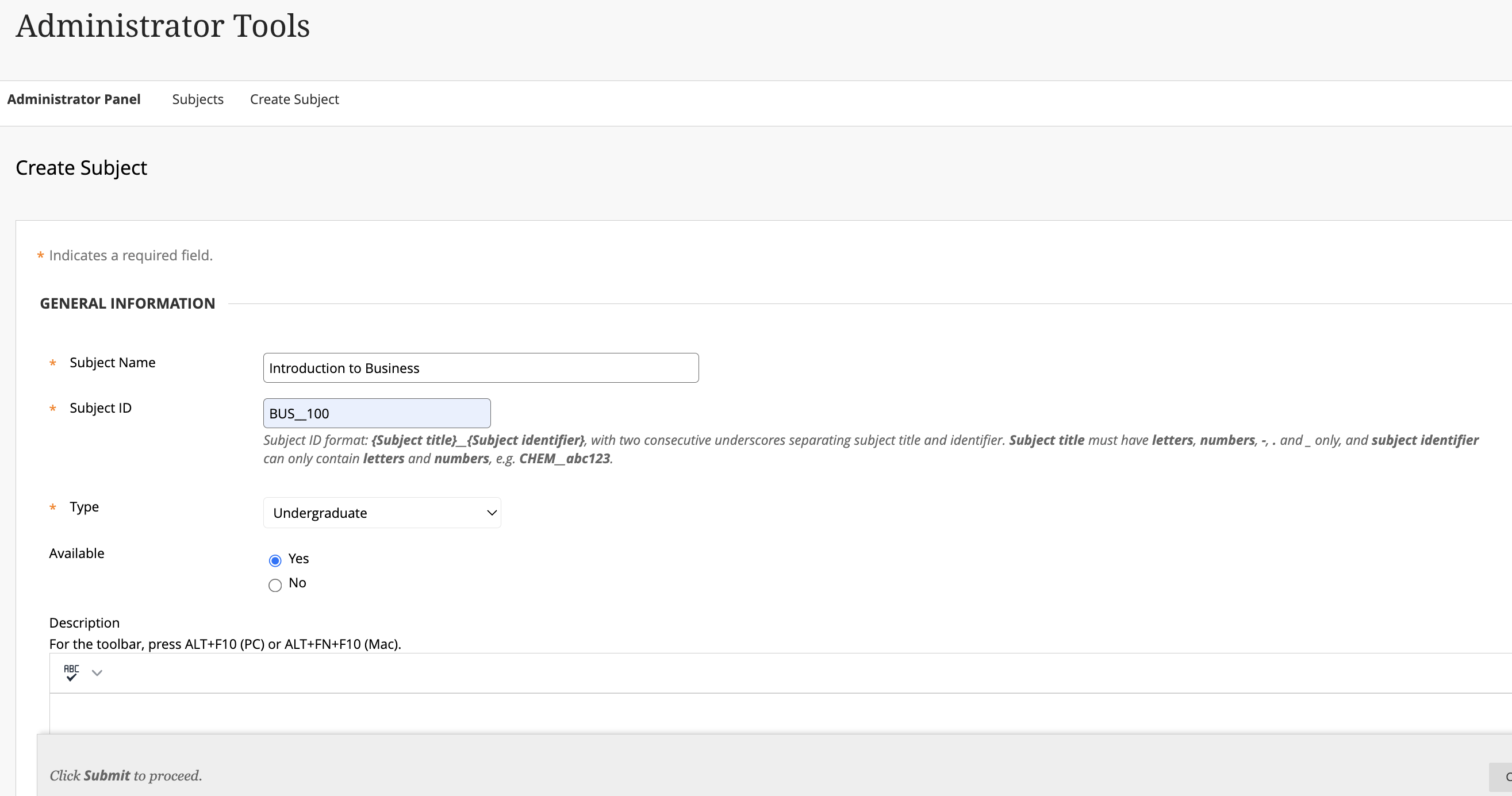 The Create Subject form, with fields such as Subject Name, Subject ID, and Type