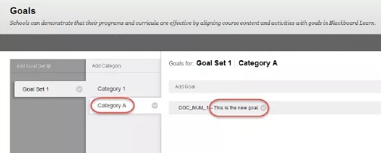 The Goals screen, showing Goal Set 1, Category 1 and Category A (highlighted in red), and DOC_NUM_1 - This is the new goal, highlighted in red.