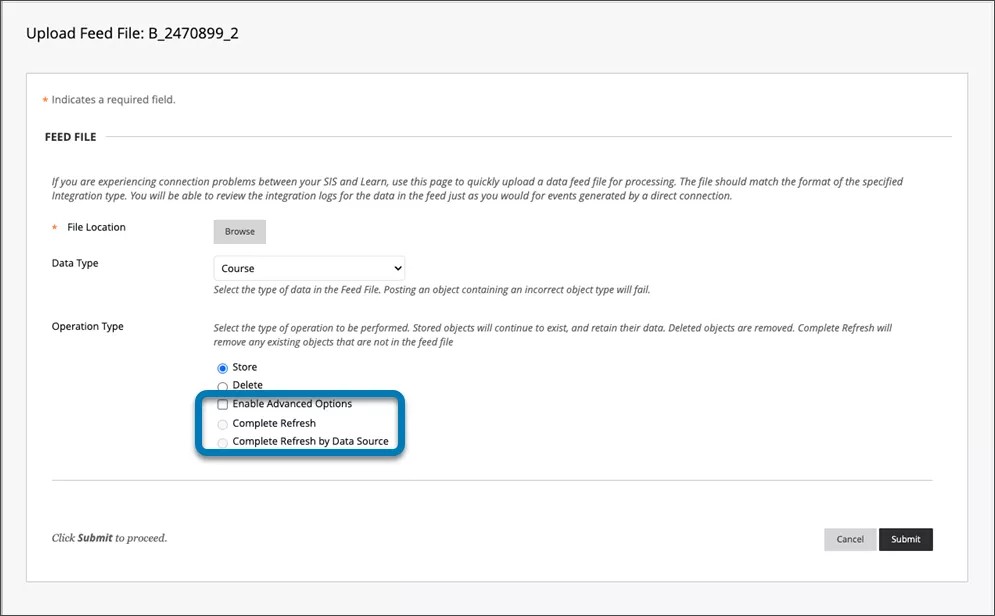 The Upload Feed File page with the options Complete Refresh and Complete Refresh by Data Source grayed out by default