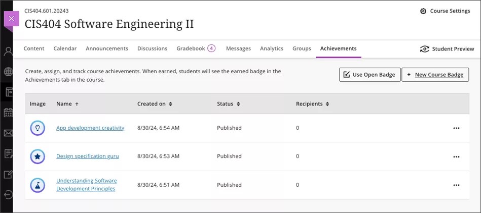 Achievements page opened in an instructor's course