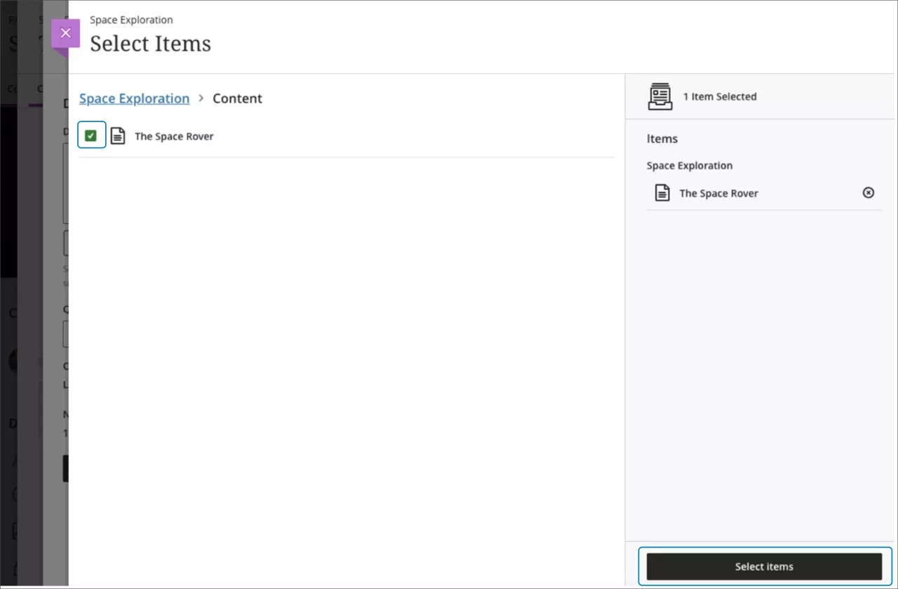 Select course items and then, ‘Select items’