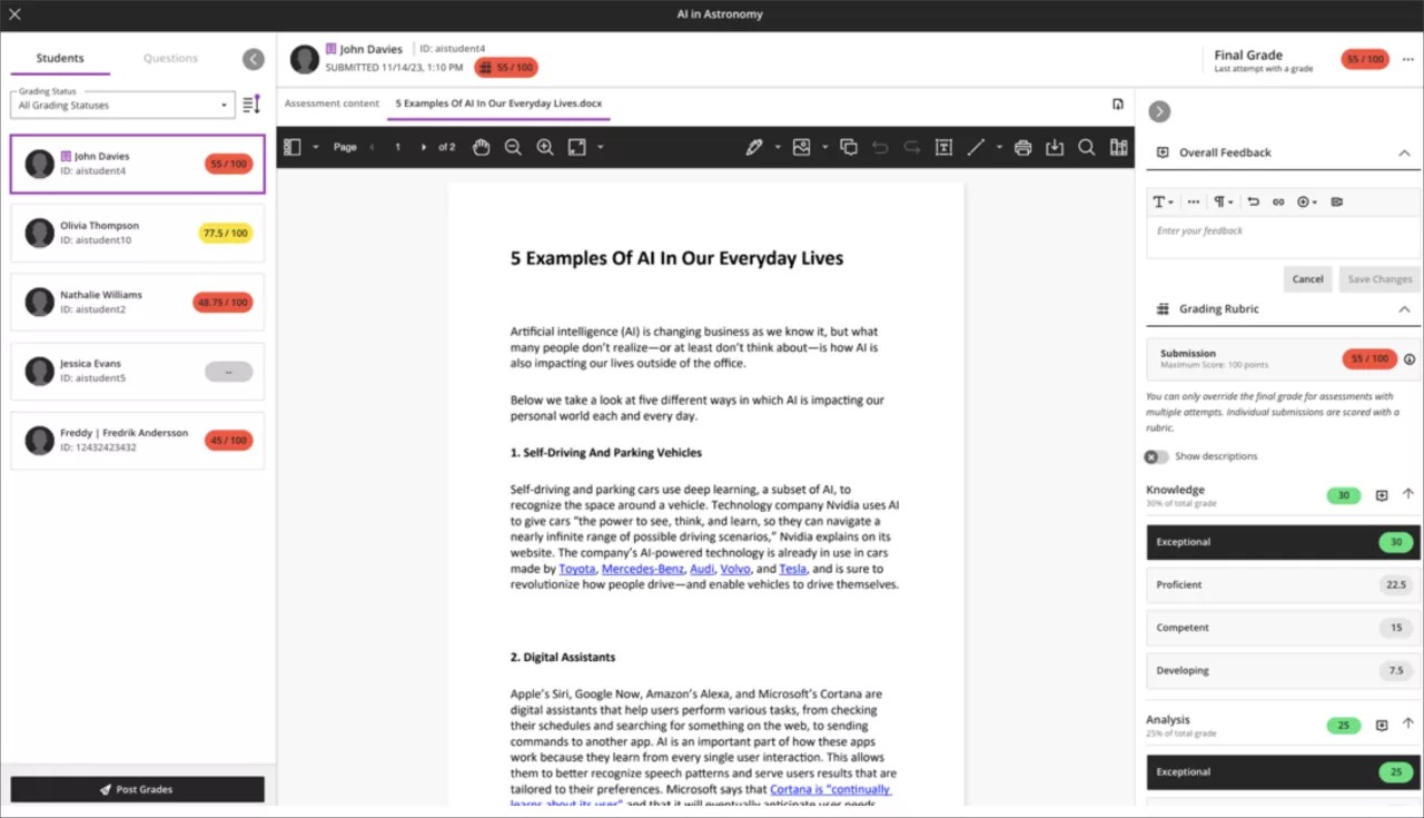 Flexible grading view with both the left and right panels expanded