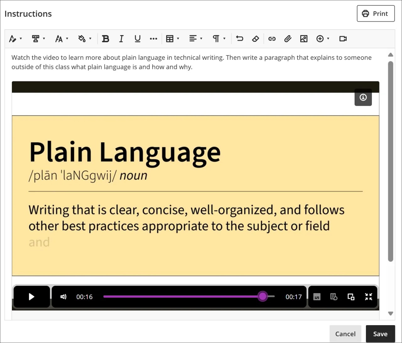 A Video Studio recording of instructional content is embedded within a Blackboard Assessment