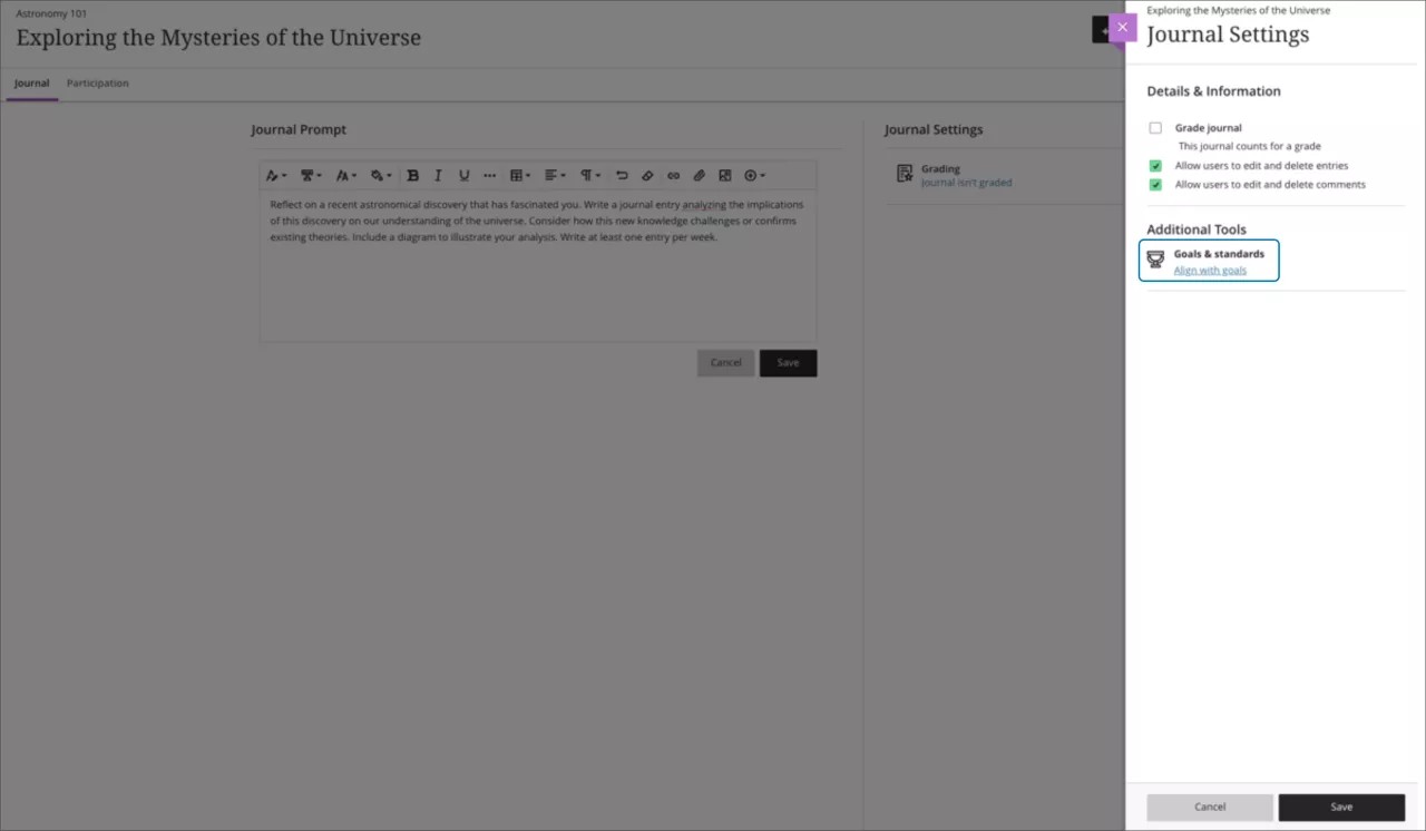Instructor view of the “Align with goal’ menu option used to align a journal to a goal