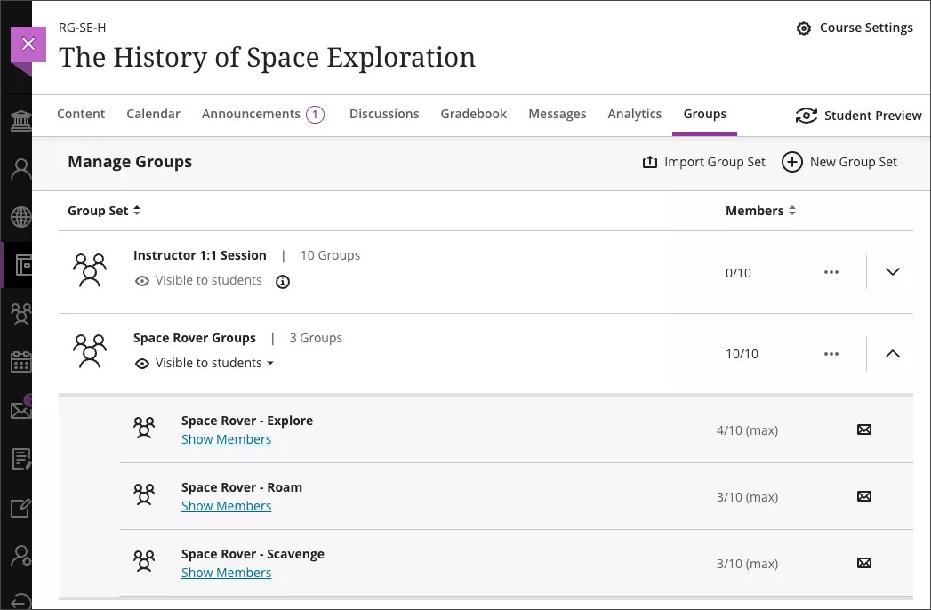 Manage Groups page, with a group expanded to display the Show Members option