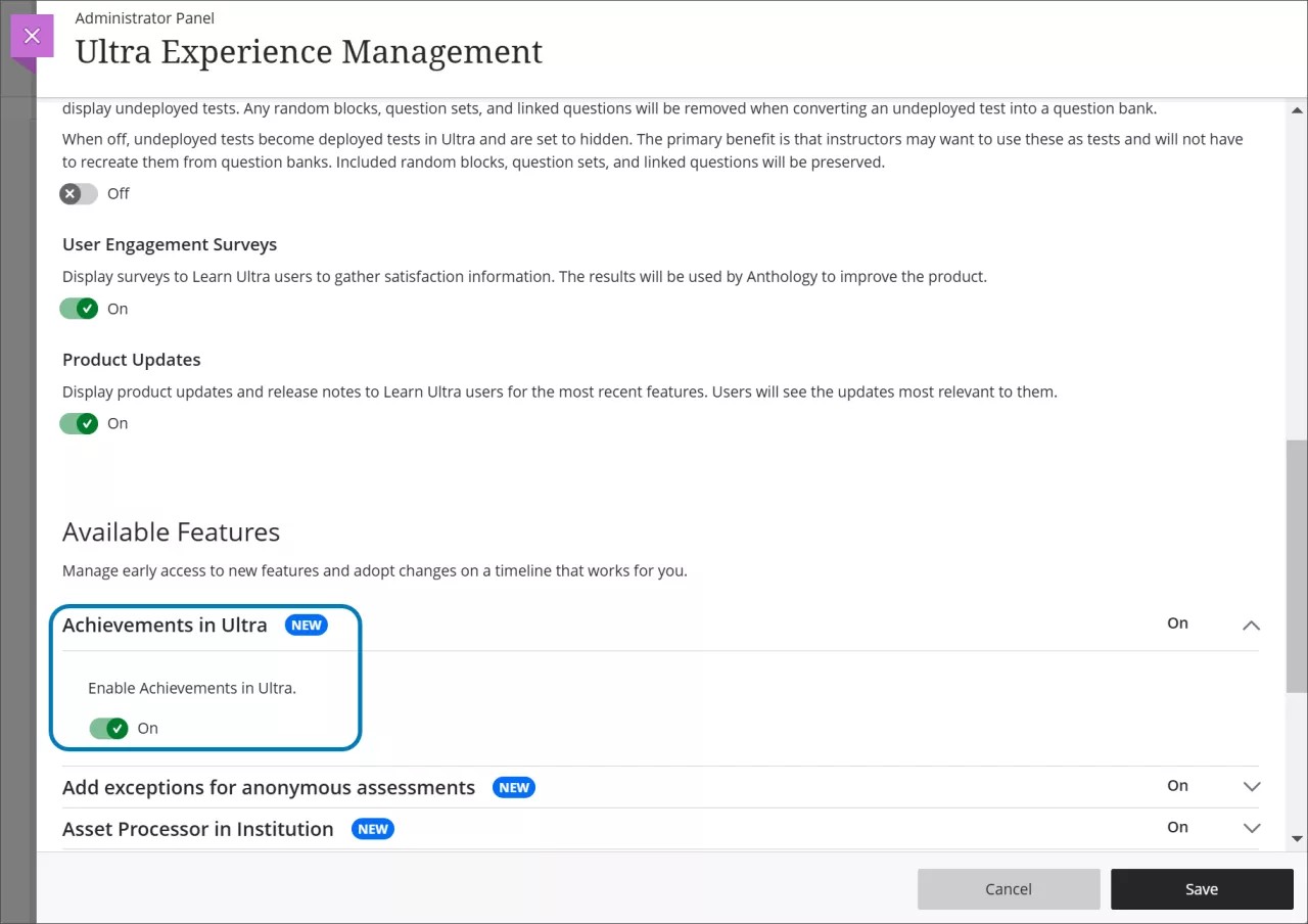 The Administrator Panel, with the controls for Achievements expanded