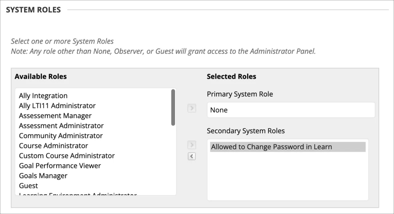 The new system role can be applied as the primary or a secondary system role for users who should change their passwords in Blackboard