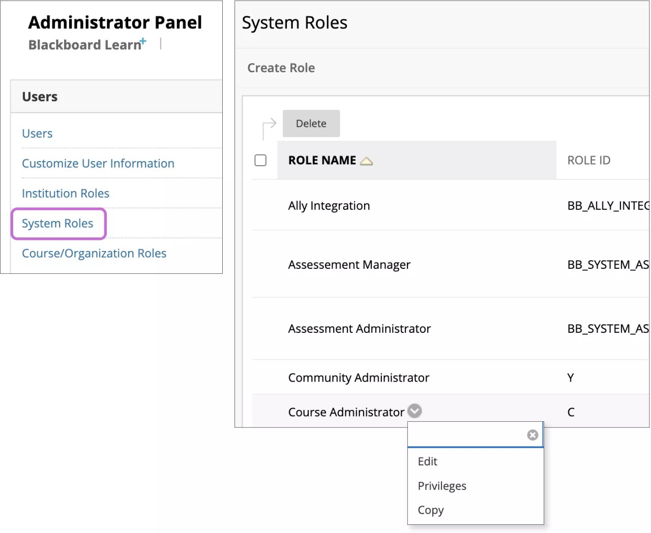 On the left, the Administrator Panel is shown with the System Roles link highlighted in purple. On the right, the System Roles page is shown, with a list of roles and the menu expanded for the Course Administrator role, showing Edit, Privileges, and Copy.