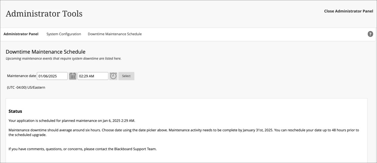 The maintenance scheduler window in the administrator panel