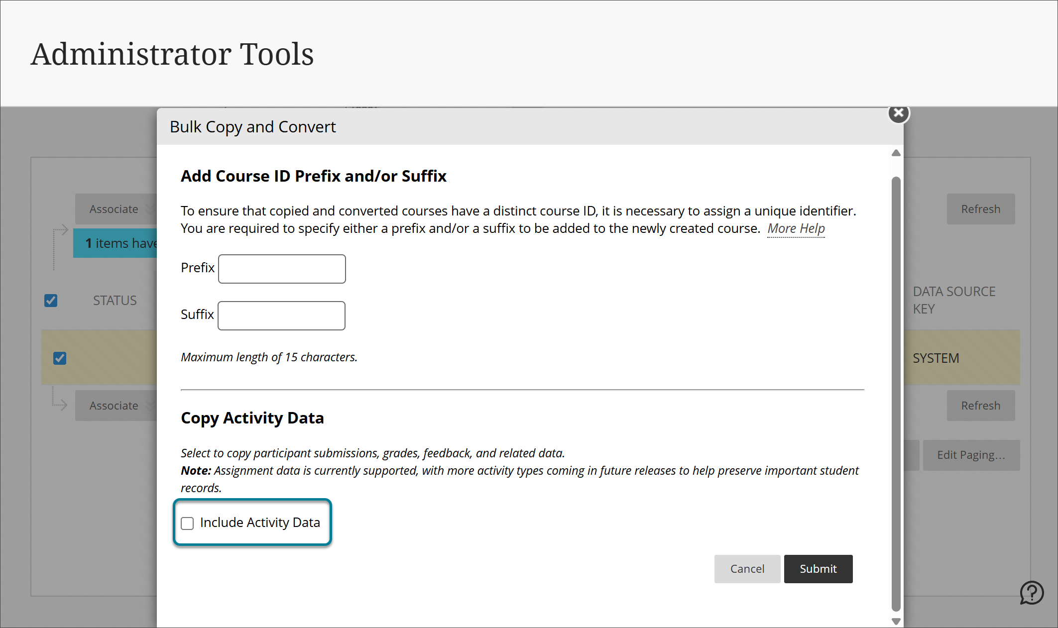The "Bulk Copy and Convert" dialog box, including fields for adding a course ID prefix or suffix, a highlighted checkbox to include activity data, and buttons labeled "Cancel" and "Submit."