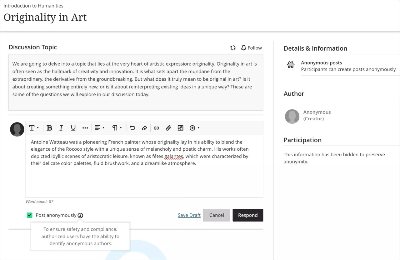 A discussion post, with a warning below the Post anonymously option that says, "To ensure safety and compliance, authorized users have the ability to identify anonymous authors."