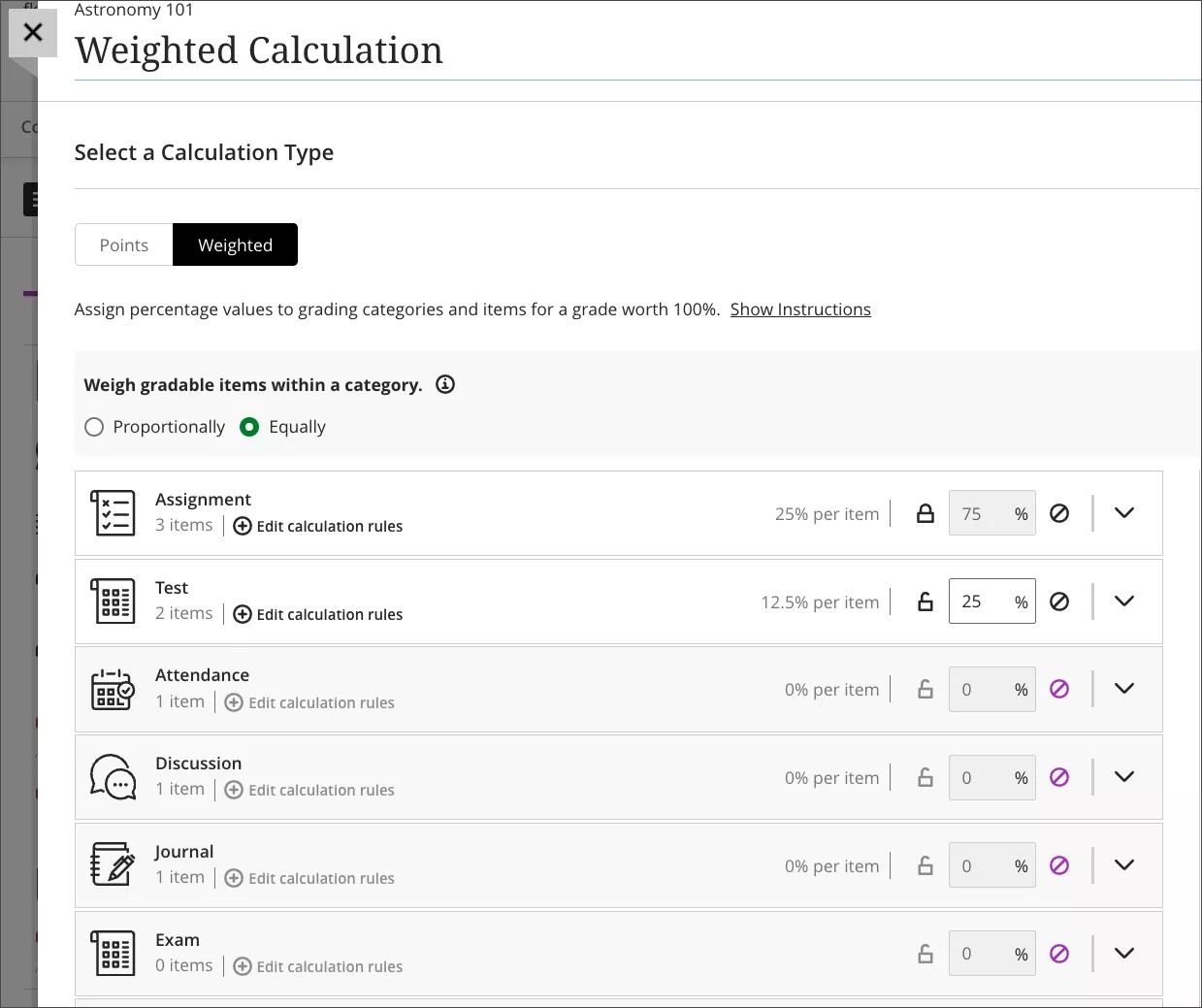 Instructor view of the equally weighted calculation option. Instructors are informed of the equal percentage that items count towards the overall category weighting
