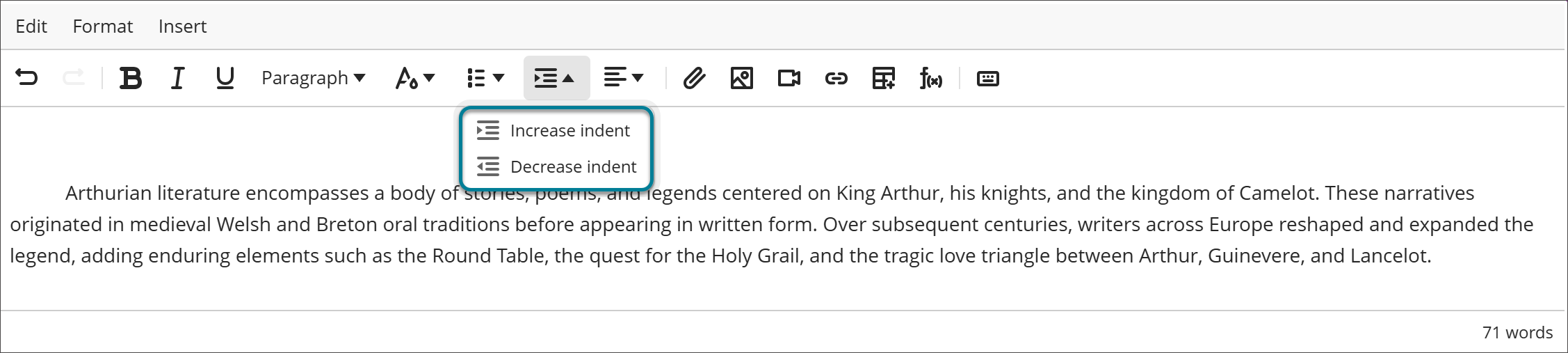 The content editor with a paragraph of text entered, showing the first line indented. In the toolbar, the indent button is selected and the options Increase indent and Decrease indent are displayed and highlighted with a box.