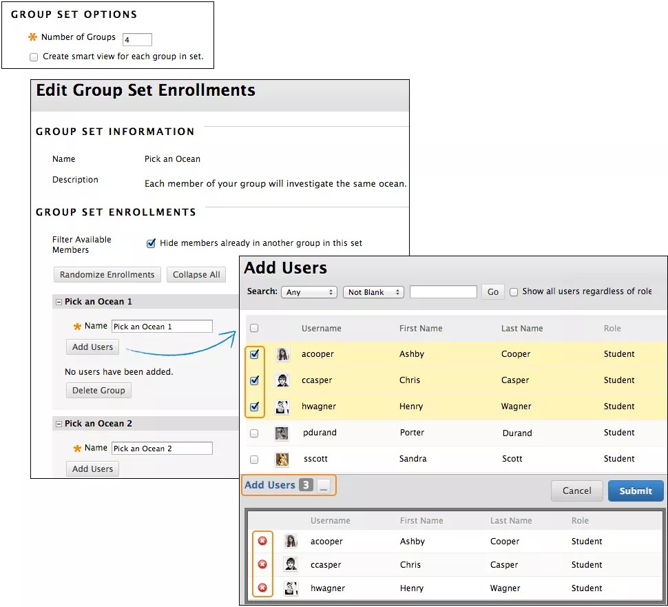 At the top, the Group set options shows a required field for number of groups and an option to create smart view for each group in set. In the middle, the Edit Group Set Enrollment shows information about the group set and fields for the name for each group. An arrow leads from the Add Users button for the first group to the window at the bottom, which shows a list of users with several selected and a Submit button.