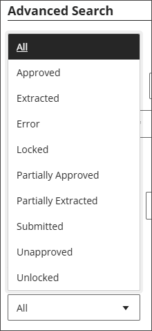 The status filter in the Advanced Search window expanded to show the options: All, Approved, Extracted, Error, Locked, Partially Approved, Partially Extracted, Submitted, Unapproved, and Unlocked.
