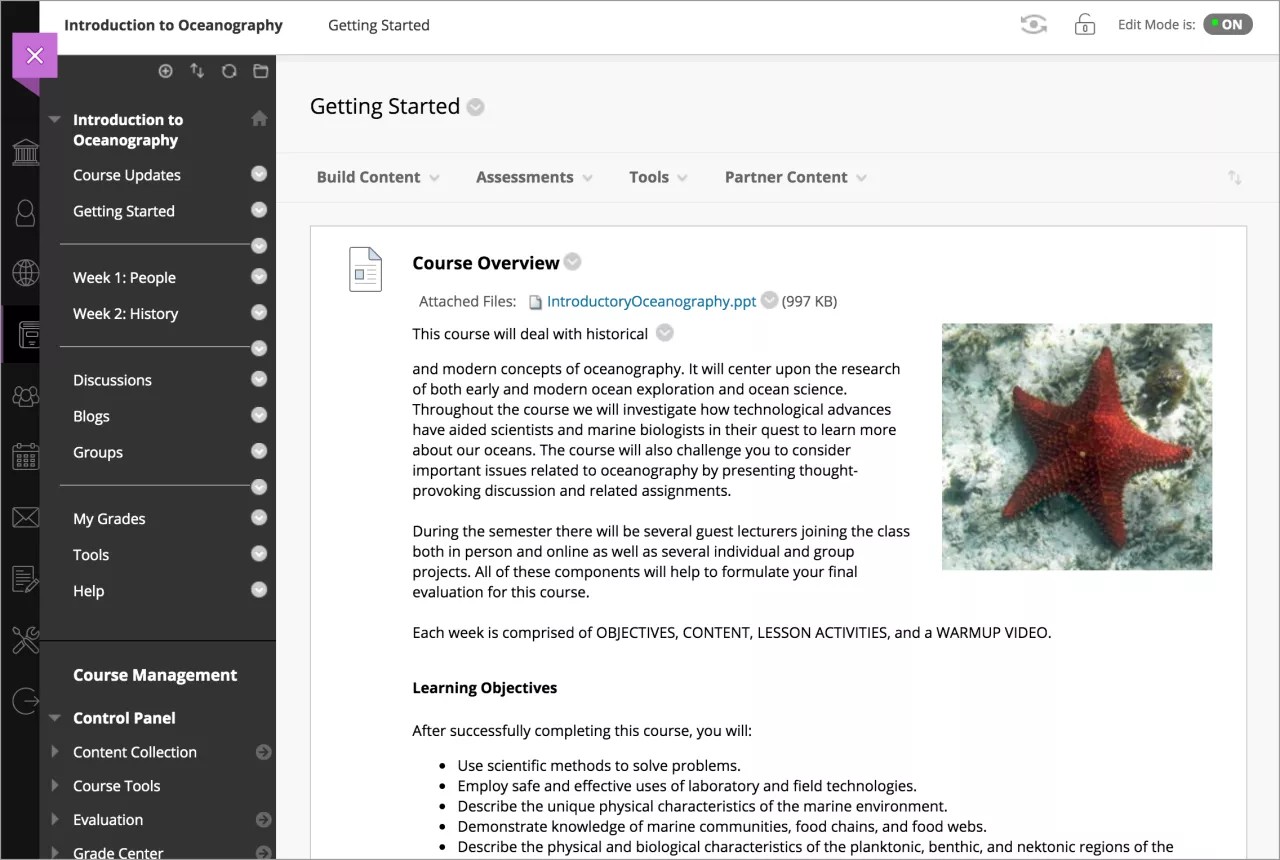 View of an Original course in Edit mode, on a page called Getting Started.