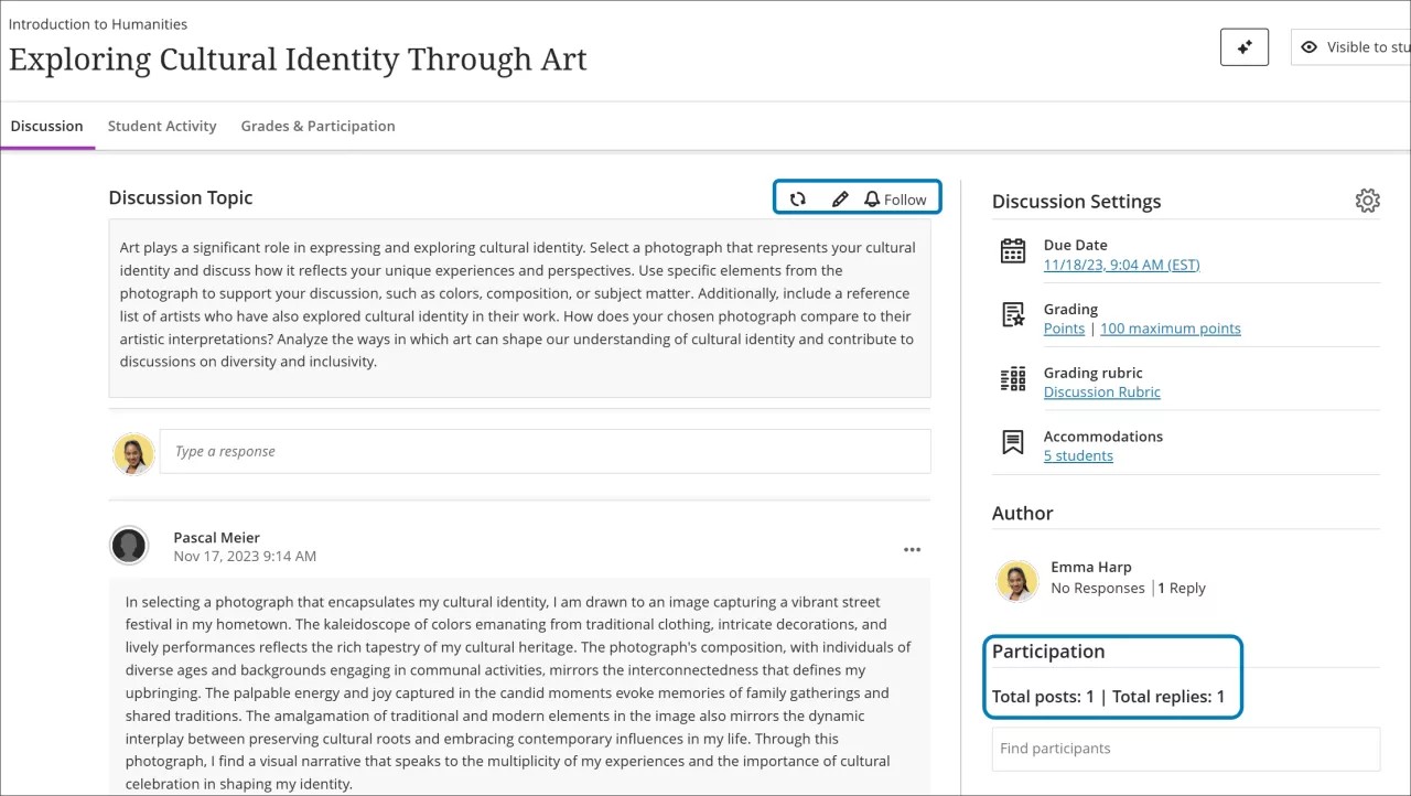 The main page of a discussion, with the edit button for the topic highlighted, as well as the Participation section on the right