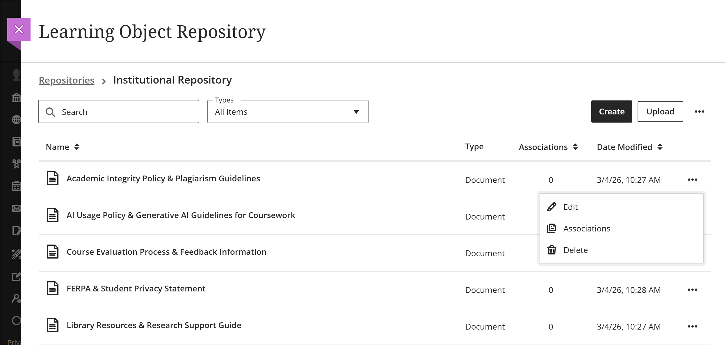 The Learning Object Repository management view, with the options to Search, Filter by Type, Create, Upload, Edit, and Delete.