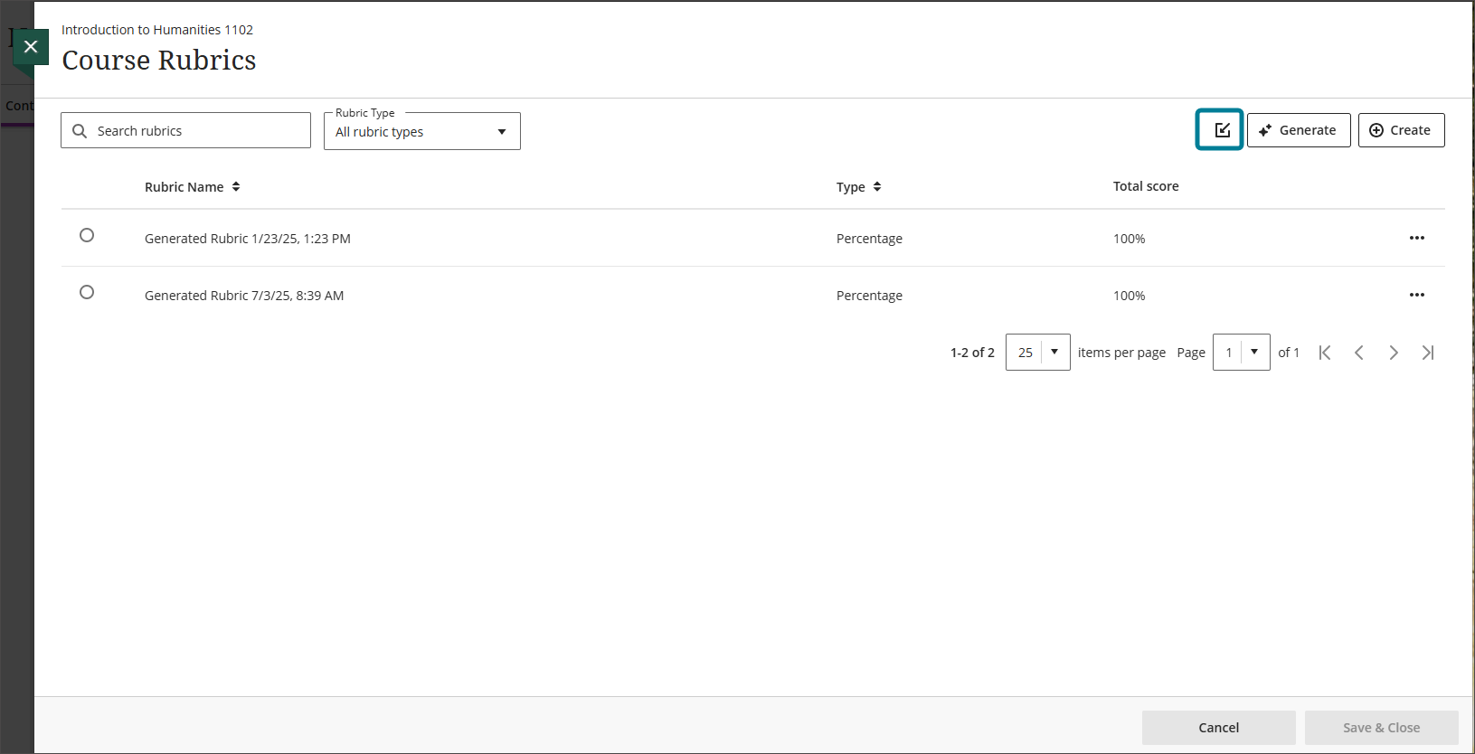 On the Course Rubrics screen, instructors can select the Import icon