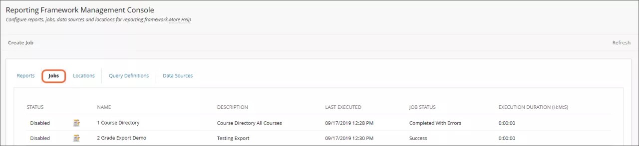 The Jobs tab of the Reporting Framework Management Console, showing the Create Job button and the Status, Name, Description, Last Executed, Job Status, and Execution Duration (H:M:S) columns