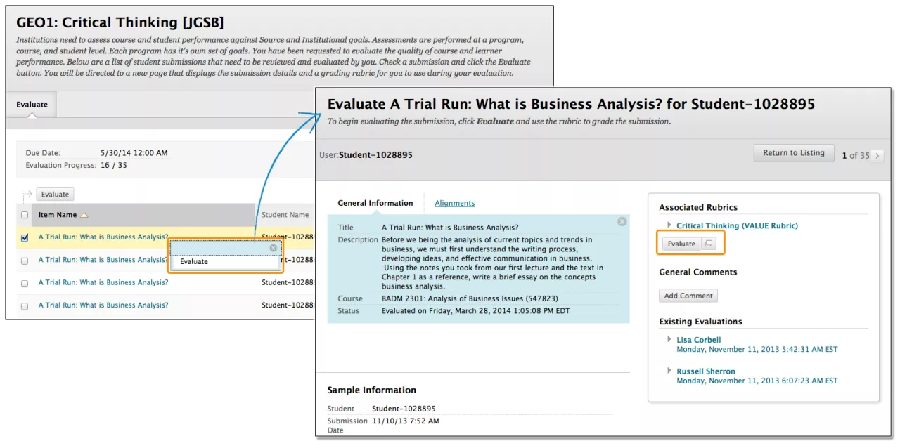 On the left, the evaluate screen for GEO1: Critical Thinking [JGSB] with the menu open and Evaluate highlighted for the item A Trial Run: What is Business Analysis. On the right, the Evaluate screen for A Trial Run: What is Business Analysis for Student-1028895 with the Evaluate button highlighted in orange.
