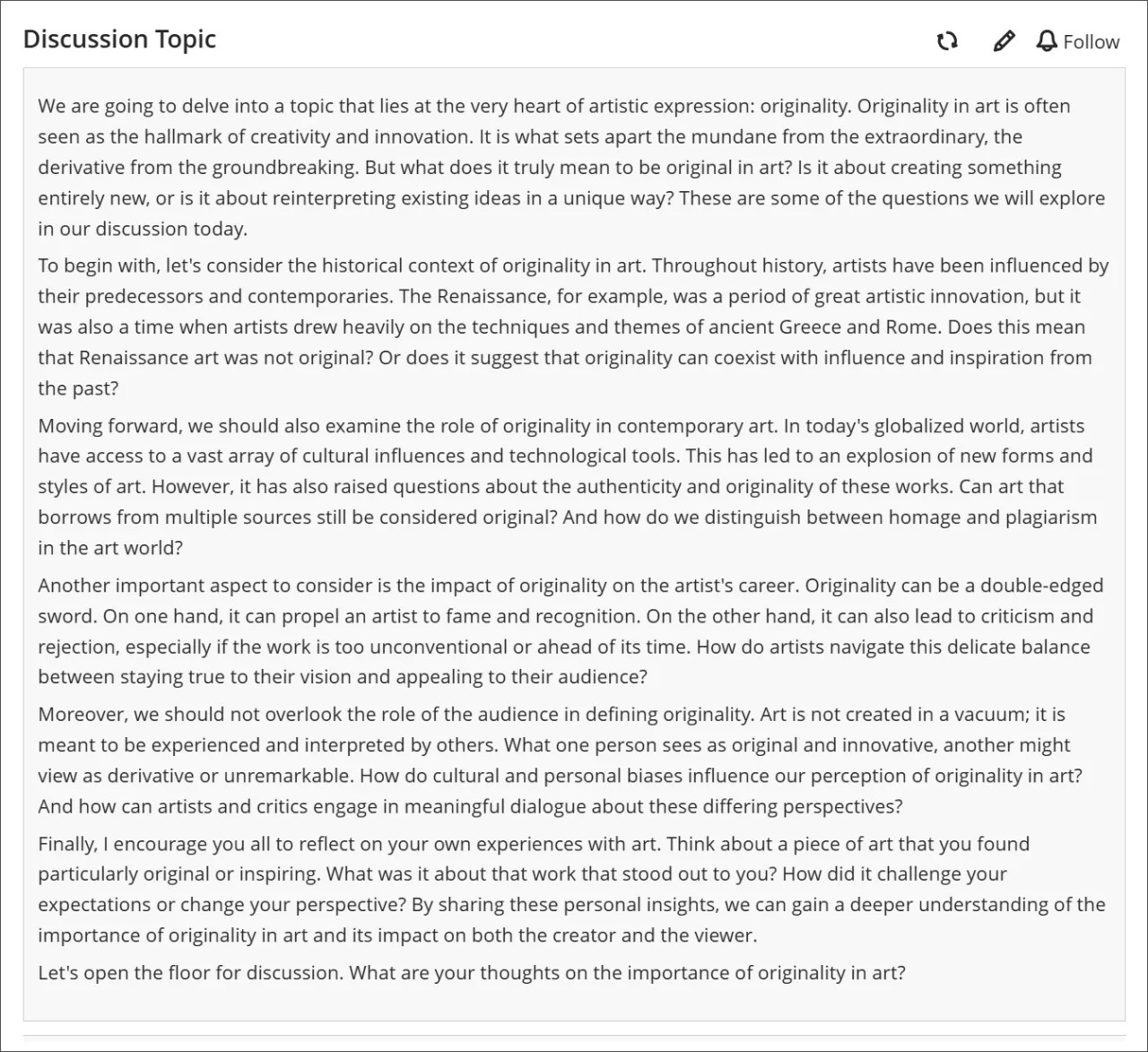 A long discussion post displayed in its entirety with a gray background. There's no option to scroll.