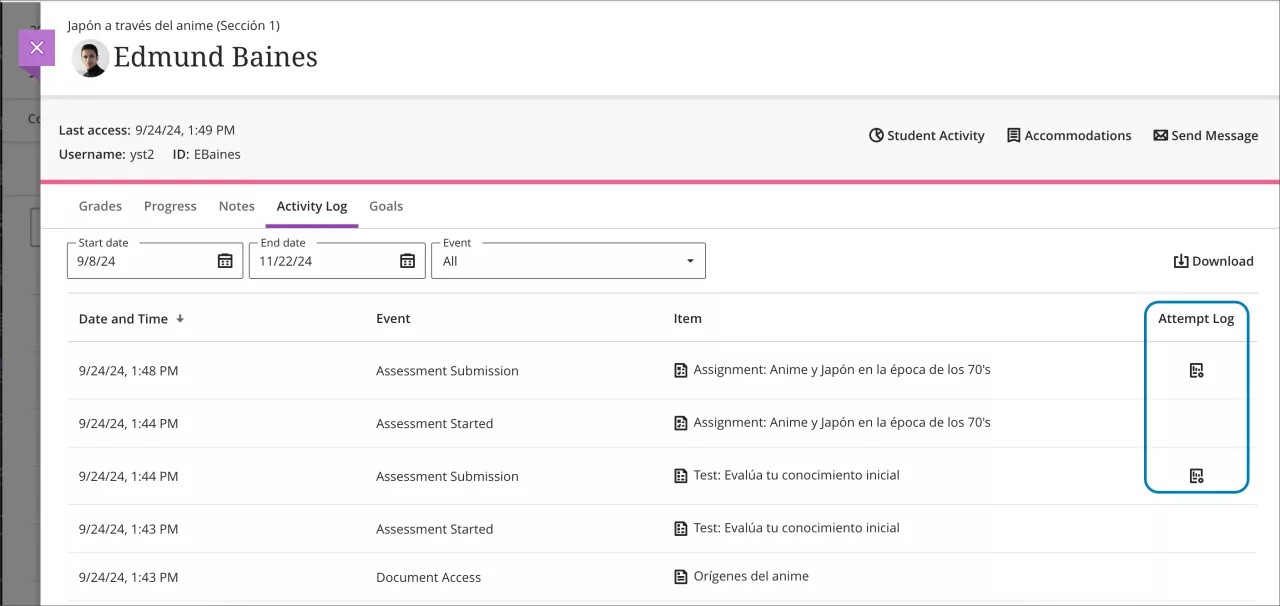 Student Activity log with the Attempt Log button highlighted on the right