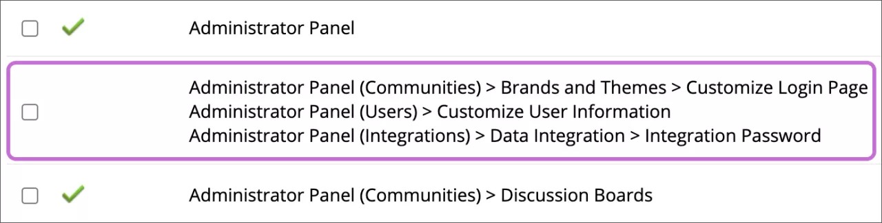 A list of privileges showing three privileges grouped together with one checkbox, highlighted in purple.