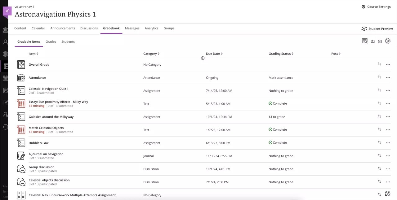 Instructor view of the new gradebook navigation menu