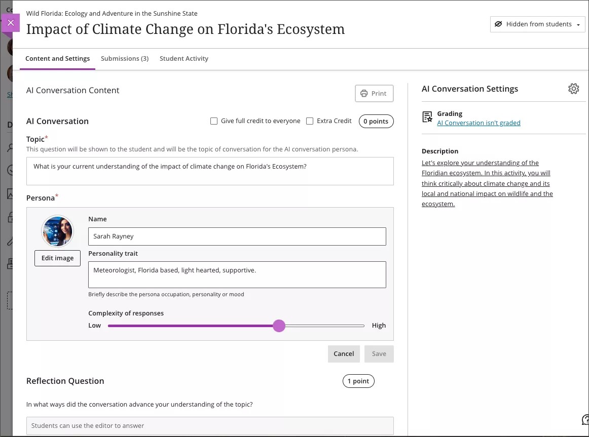 AI conversation setup page, demonstrating how to set up the question, persona, and complexity