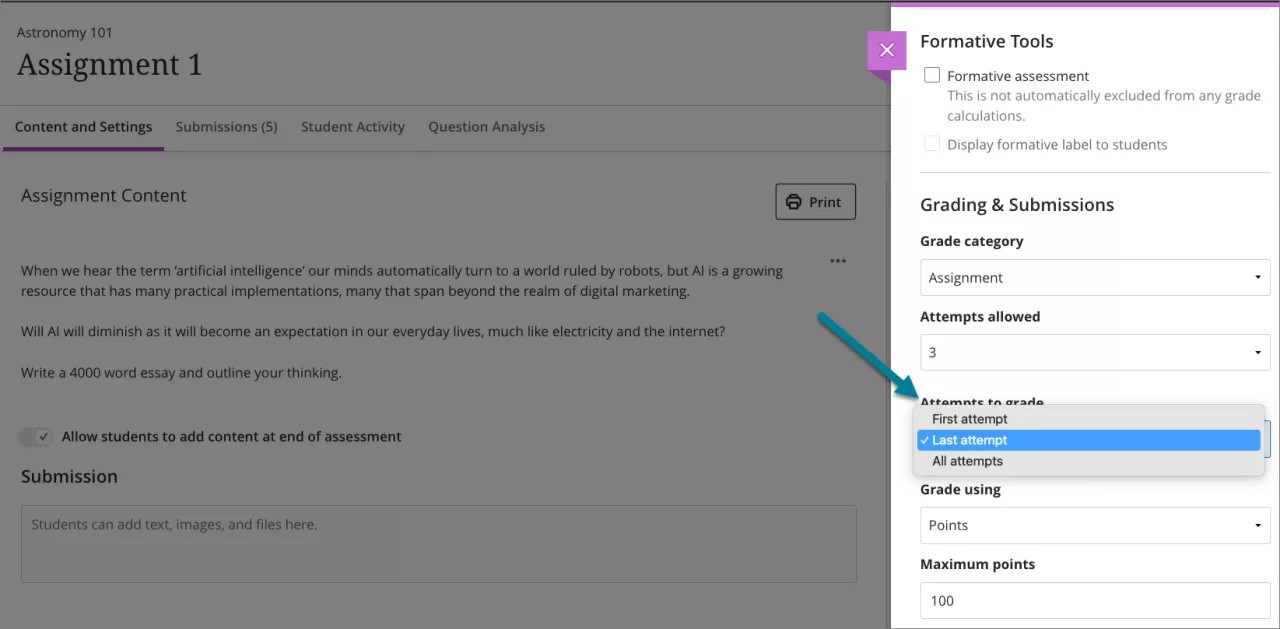 Options available for Attempts to grade setting