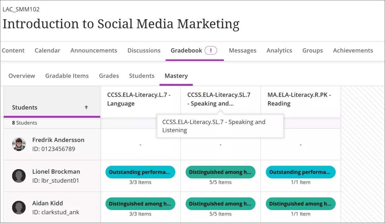 The Mastery tab in Gradebook, with two-line titles, no icons, and hover text with the full name of the goal