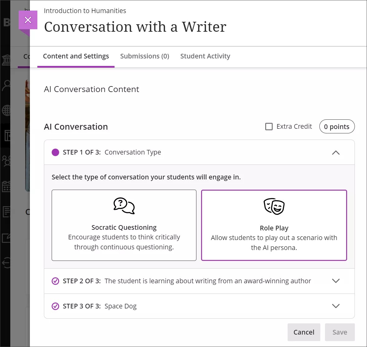 Step 1 of creating a new AI Conversation. Socratic questioning and Role play are available options.