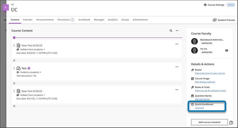 Course Content page with the Quick Enrollment option highlighted in the Details and Actions panel.