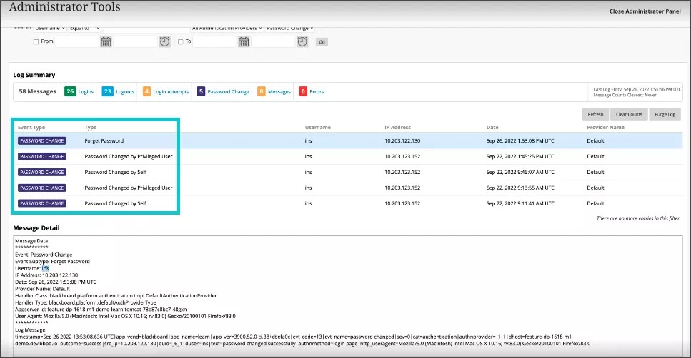 Authentication logs include Password Change events