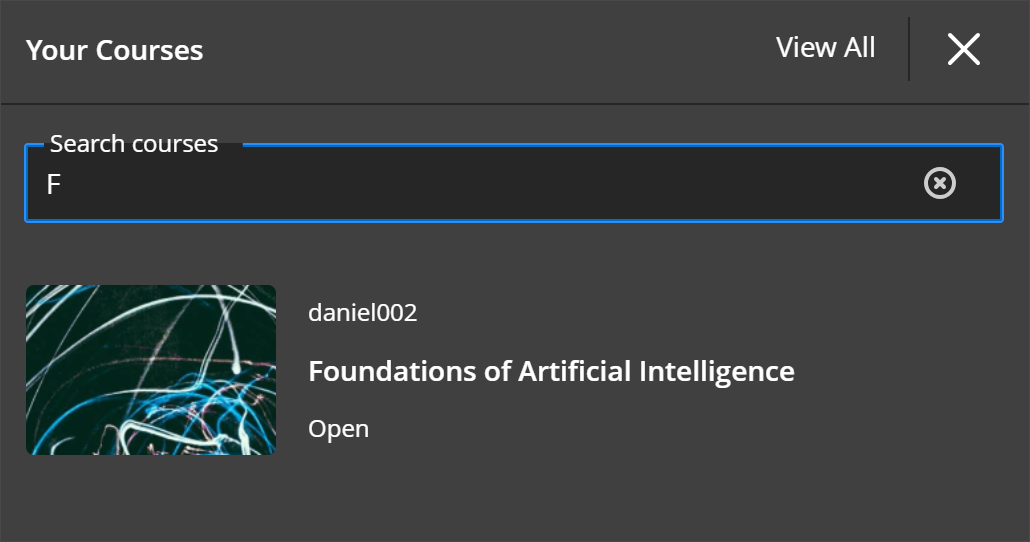 The Course Switcher dropdown showing a search field with the letter F populating the Search courses box. The search brings up a single course called Foundations of Artificial Intelligence.