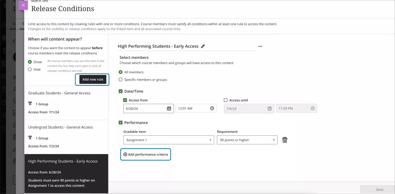 The release conditions page, with Add new rule and Add performance criteria options called out