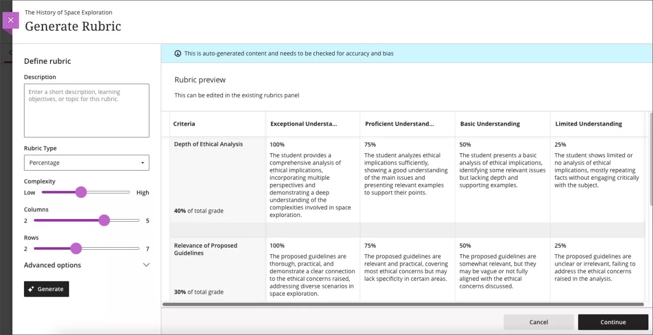 Rubric generated by the AI Design Assistant in 3900.106. The first rubric category is "Depth of Ethical Analysis." The description is "The student provides a comprehensive analysis of ethical implications, incorporation multiple perspectives and demonstrating a deep understanding of the complexities involve in space exploration."