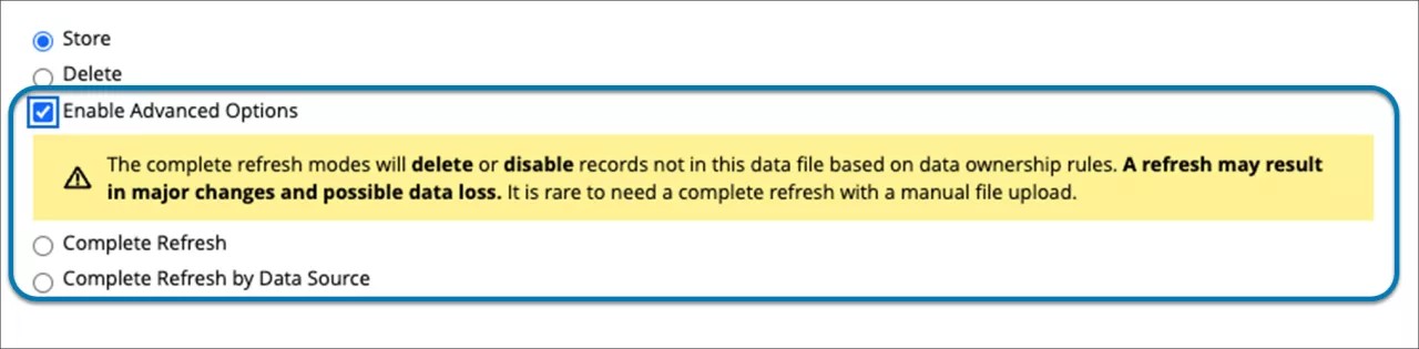 The Upload Feed File page with the option Enable Advanced Options selected.