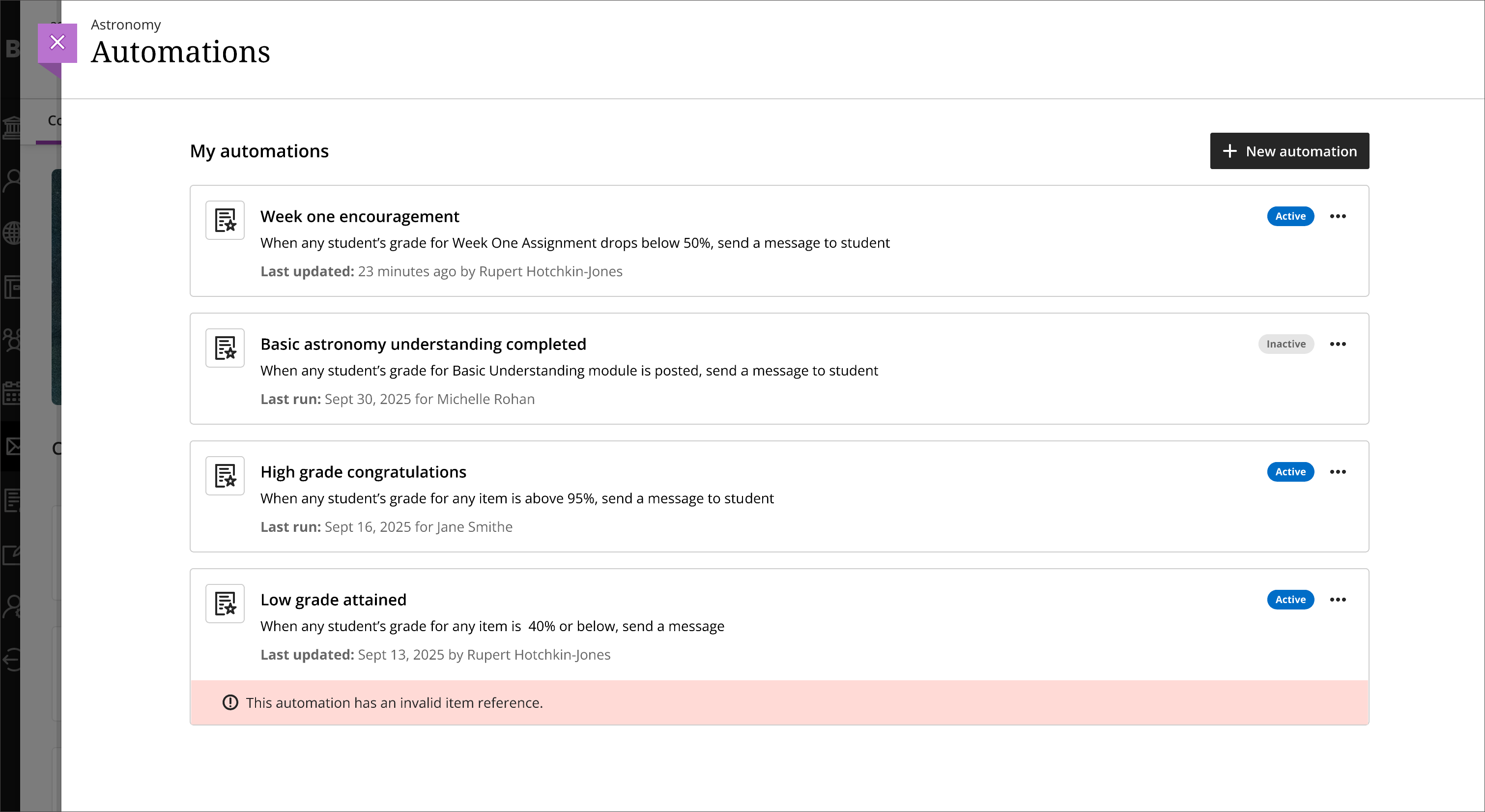 A list of automations, showing an active or inactive tag for each one. Below each automation is information about either who last edited or who last ran the automation. At the bottom of the list, there is an error message that states "This automation has an invalid item reference."