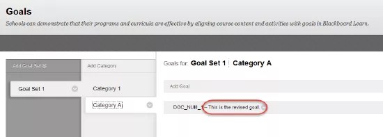 The Goals screen, showing Goal Set 1, Category 1 and Category A, and DOC_NUM_1 - This is the revised goal, highlighted in red.