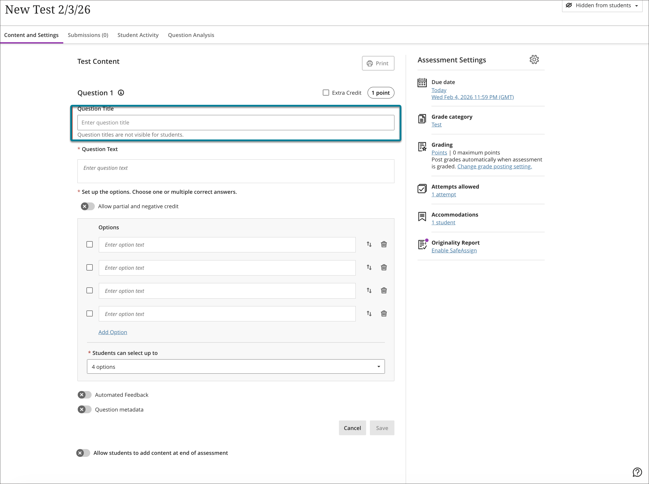 The Question Title field is at the beginning of the question authoring workflow.